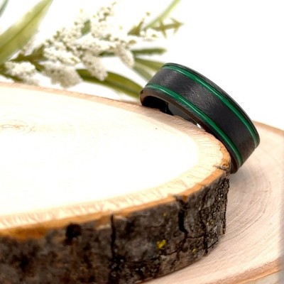 8mm Black Tungsten Carbide Band Vibrant Dual Green Lining Ring For Christmas Gif
