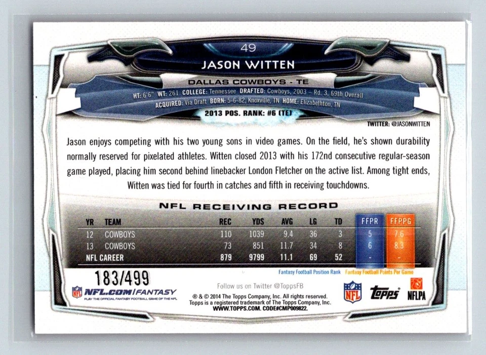 2014 Topps #49 Jason Witten Pink /499 - Image 2 of 2