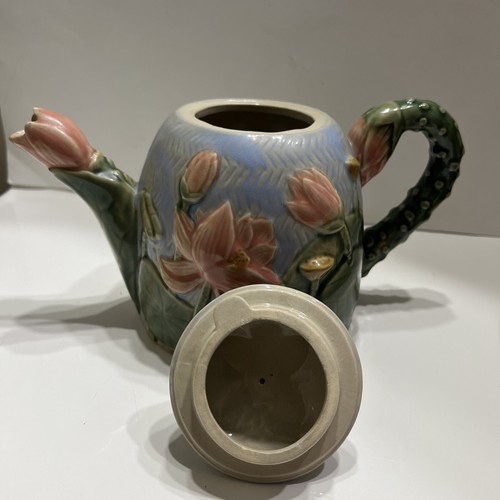 Vtg Majolica Style Lotus Lily Ceramic Teapot with Lid 7” Decorative 3D Pottery - Picture 6 of 12