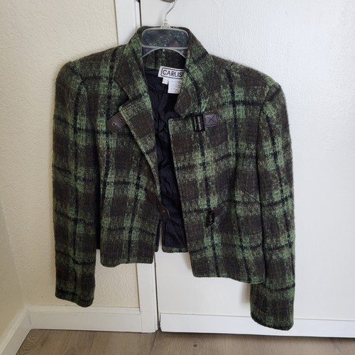 VTG Carlisle Jacket Womens 10 Green Plaid Wool Cropped Retro 80's Shoulder Pads