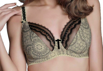 Fauve Arianne Beige & Schwarz BH 32D Bügel Balconett ungepolstert halbtransparent 0352