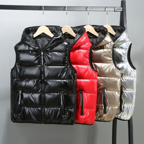 Herren Puffer Gesteppt mit Kapuze Weste Metallisch Glänzend Bubble Jacke Mantel - Bild 2 von 15