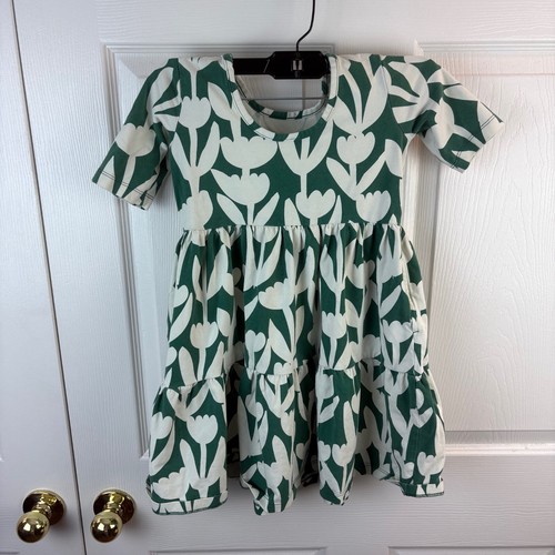 Girls Hanna Andersson Green White Flower Dress Size 6-7 Short Sleeve - Picture 3 of 3