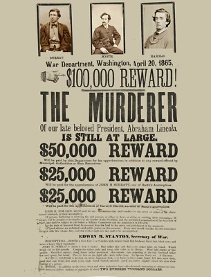 JOHN WILKES BOOTH - LINCOLN ASSASSINATION - WANTED POSTER - 16x21 QUALITY