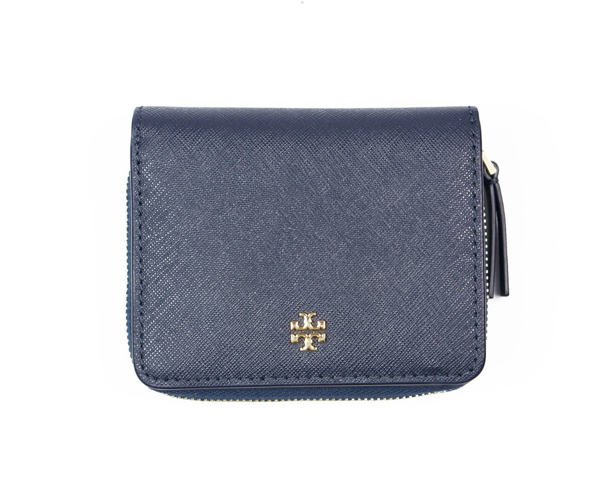 未使用TORY BURCH EMERSON FRENCH FOLD WALLET New Tory Burch Emerson Navy Saffiano Leather Small BiFold