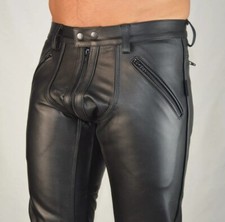 Men's Real Leather Highway Police Uniform Breeches Cowhide Black Leather Pants