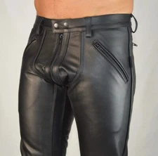 Men's Real Leather Highway Police Uniform Breeches Cowhide Black Leather Pants