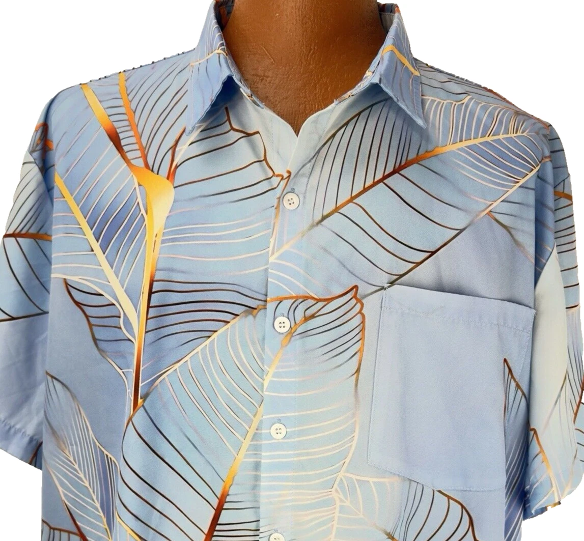 Hawaiian Aloha 3 XL Shirt Blue Floral Leaves Button Up Tropical