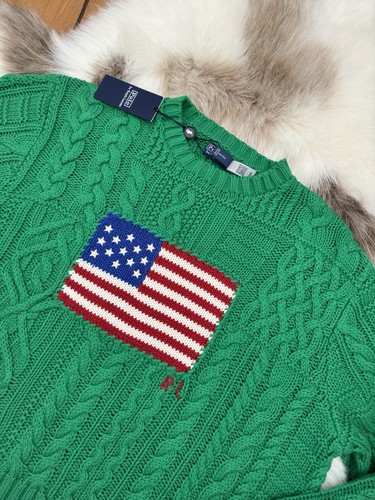 Polo Ralph Lauren Flag Jumper Green Aran Knit American USA Sweater Womens Size M - Picture 7 of 23