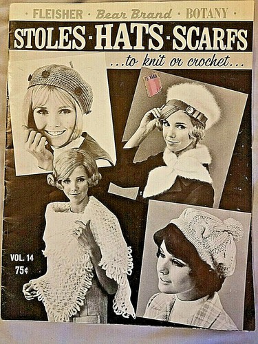 Bear 014 STOLES HATS SCARFS 1968 knit crochet 24pg booklet Fleisher - 第 1/12 張圖片