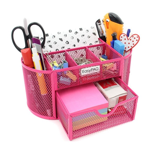 Easypag Mesh Desk Organizer 9 Compartments Pink Desk Accessories
