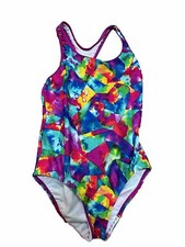 GIRLS SPEEDO 1 PIECE SWIMSUIT 12 PURPLE/PINK/BLUE/YELLOW/GREEN PAINT SPLATTER