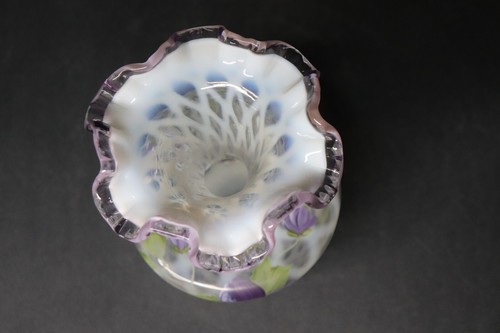 Fenton Hand Painted Purple Flower Vase – Signed, 6” Ruffled Top Opalescent Glass - Picture 3 of 9