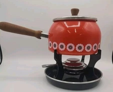 Vgt Fondue Pot Stand ROSTFREI Stahl Orange W/ Daisies Enamel  W. Germany MCM