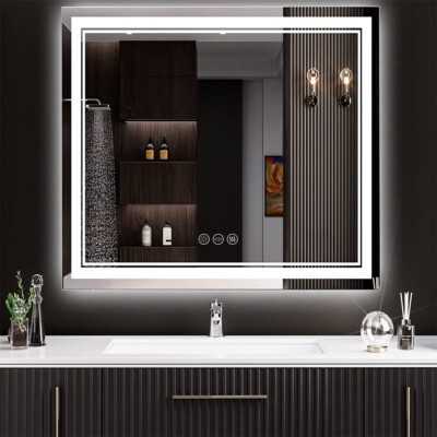 LED Bathroom Mirror Square HD Vanity Makeup Dimmable Anti-Fog Front Lit Backlit
