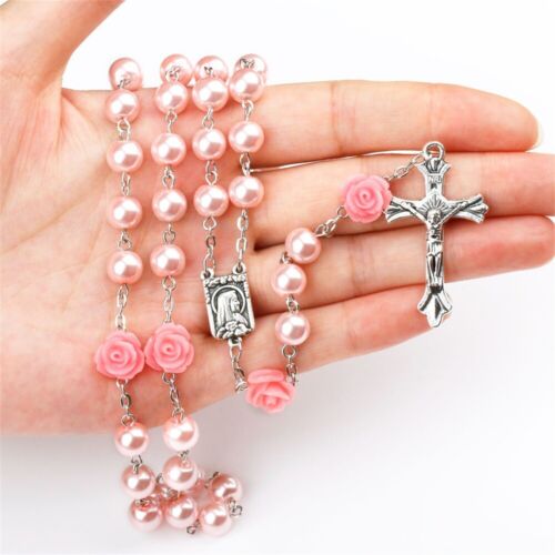 Hot Pearl Beads Rosary Necklace Catholic Cross Pendant Long Chain Religious Jewe - Picture 1 of 16