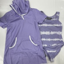Eddie Bauer Little Girls 2 Piece Swim Set One Piece Swimsuit  Cover Up - PURPLE