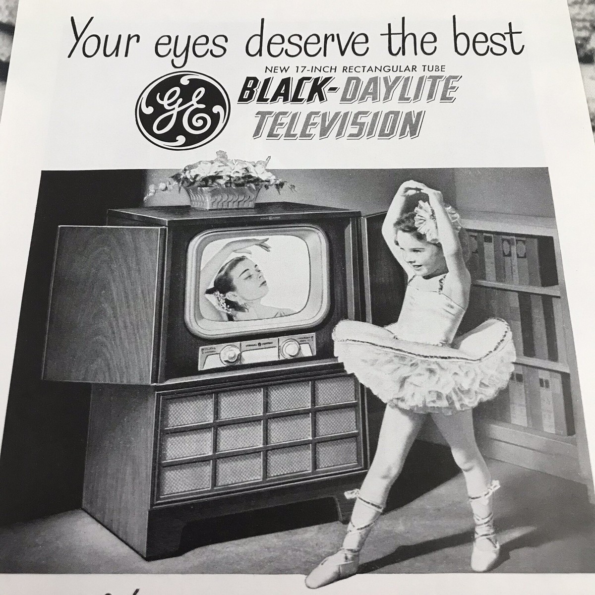 Vtg 1951 Print Ad General Electric Black Daylight Television