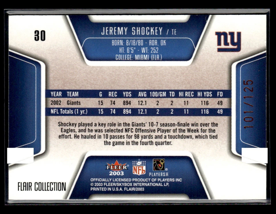 2003 Flair #30 Jeremy Shockey Collection #/125 Card New York Giants - Image 2 of 2