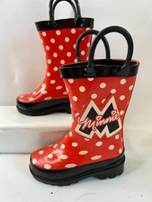 Minnie Mouse Rubber Rain Boots Pull On Handle Pink Polka Dots Size 3/4 Girls AA