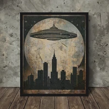 UFO MOON CITY Wall Art, Vintage Sci-fi Alien UAP Poster, NHI Cryptid Stars Decor