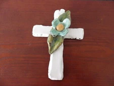 Christian Cross Pottery White with Green Leaves and Blue Flowers Signed