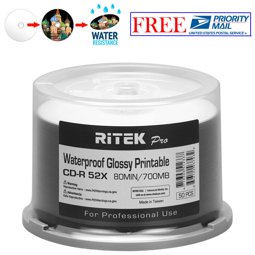 50 Ritek Pro CD-R 52X 700MB Water Resistant Glossy White Inkjet Printable Disc