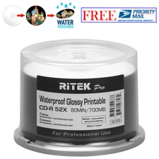 50 Ritek Pro CD-R 52X 700MB Water Resistant Glossy White Inkjet Printable Disc
