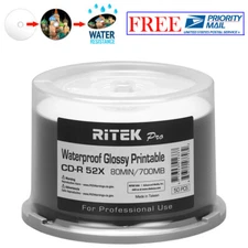 50 Ritek Pro CD-R 52X 700MB Water Resistant Glossy White Inkjet Printable Disc