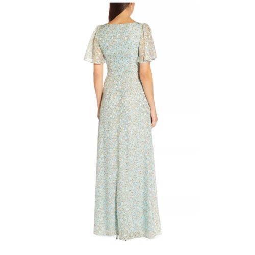 ADRIANNA PAPELL Floral Jacquard Keyhole Chiffon Flutter Sleeves Gown Skyway 4 - Picture 2 of 3