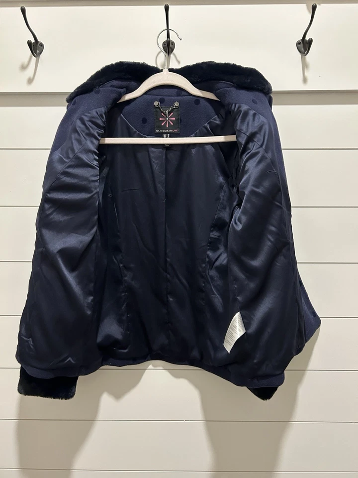 Issac Mizrahi Live! Chaqueta de lunares corta caprichosa imitación piel ribete dinero talla 2 azul Foto 2 de 4