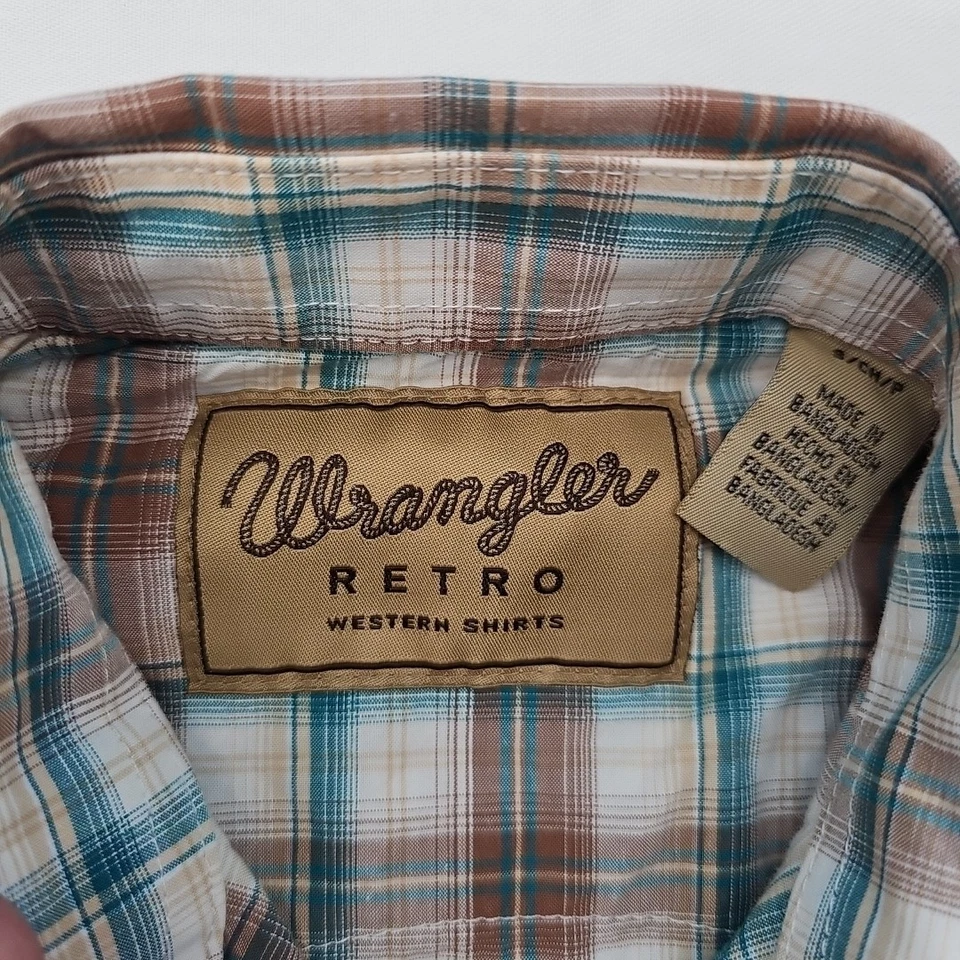 Camisa Wrangler Retro Para Niños Tostada y Azul a Cuadros Vaquero Occidental Frente a Presión Talla S Foto 3 de 4