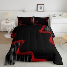 Red and Black Bedding Set Queen Size Strip Lines Comforter Set for Boys Girls...
