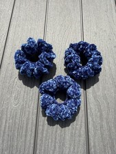 Handmade Crochet Scrunchies   Set of 3 Blue Velvet Hair Ties   Gift Set