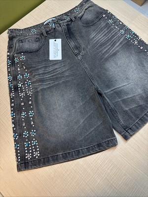 Vale Forever Valley Streetwear Mens Jean Shorts Grey Size 32 Crystal Denim Jorts