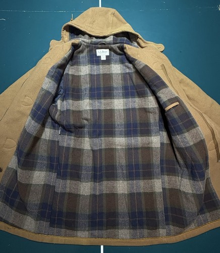 Vtg LL Bean Wool Duffle Coat Men Medium Beige Plaid Hooded Toggle Jacket 90s USA - Picture 3 of 21