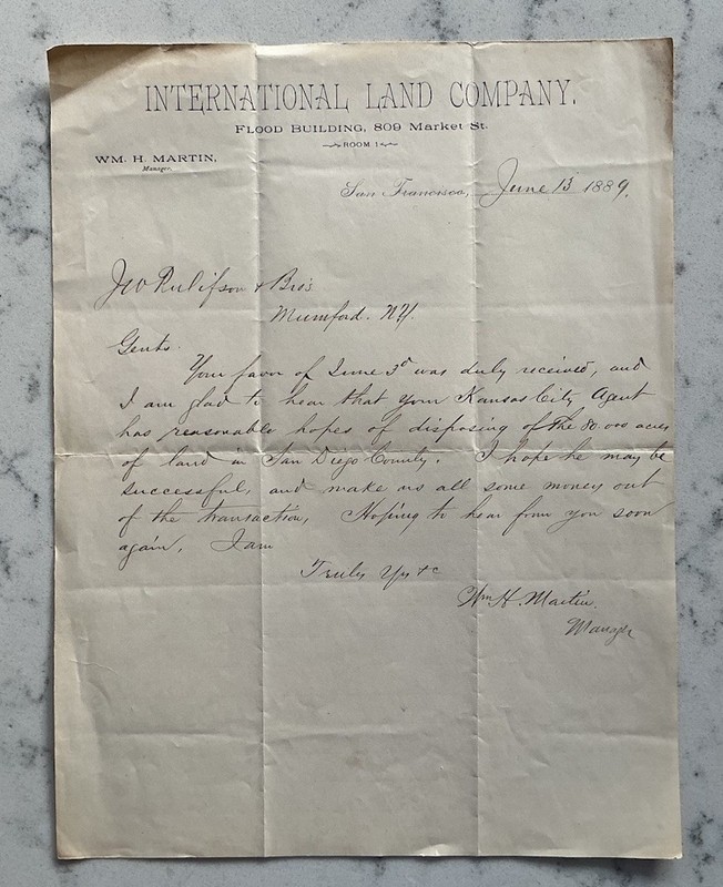 ANTIQUE 1889 80 ACRES SAN DIEGO COUNTY CALIFORNIA LAND SALE LETTER