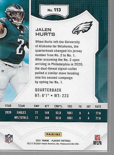 2021 Panini Playoff, Jalen Hurts, #113, Eagles - Picture 2 of 2