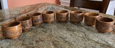 Vintage MCM TIKI Aloha Carved Wood Tea Cups Lot Of 8 Wooden