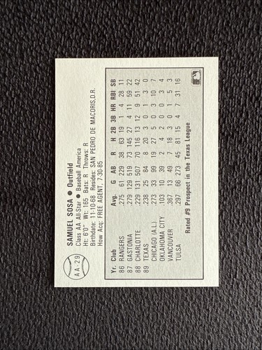 Sammy Sosa 1989 Baseball America Minor League #AA-29 - Tulsa Drillers - Picture 2 of 2