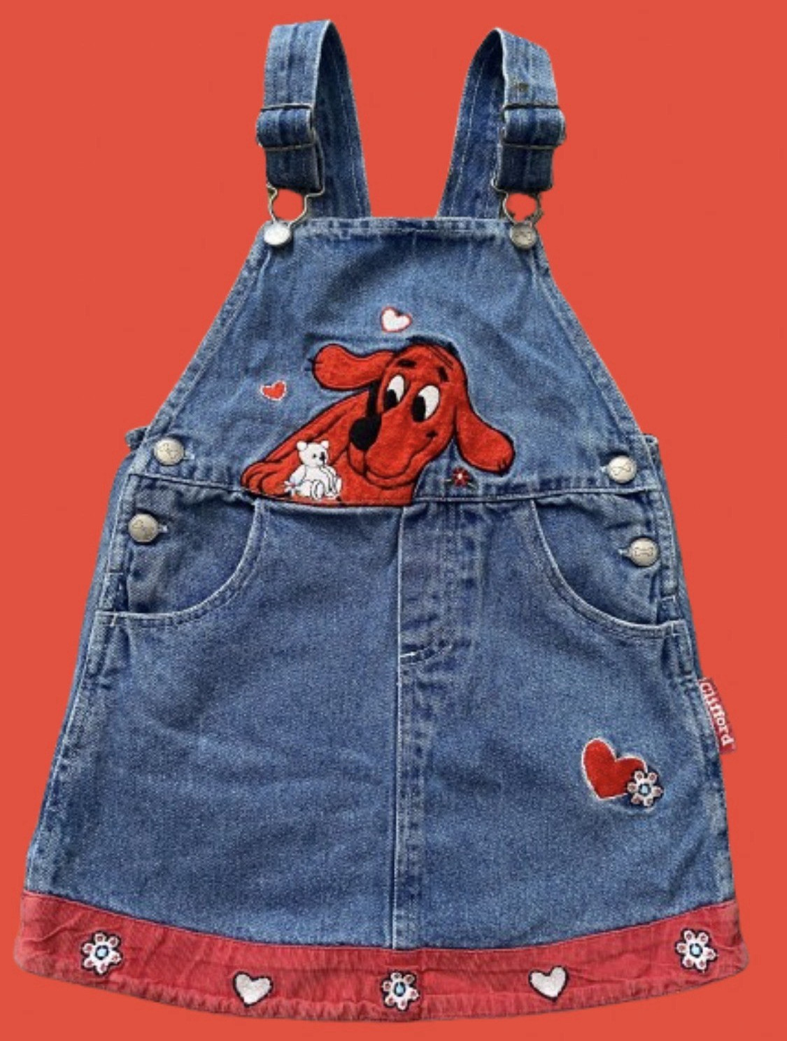 Clifford Girls 4T Denim Overall Dress Blue/Red Embroidered Pockets Button