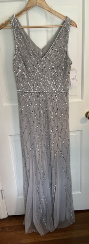 Adrianna Papell Platinum Size 10 Silver Beaded Tulle Bridesmaids Dress Formal