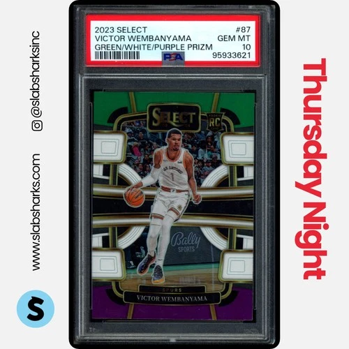 2023 PANINI SELECT #87 VICTOR WEMBANYAMA GREEN/WHITE/PURPLE PRIZM ROOKIE PSA 10