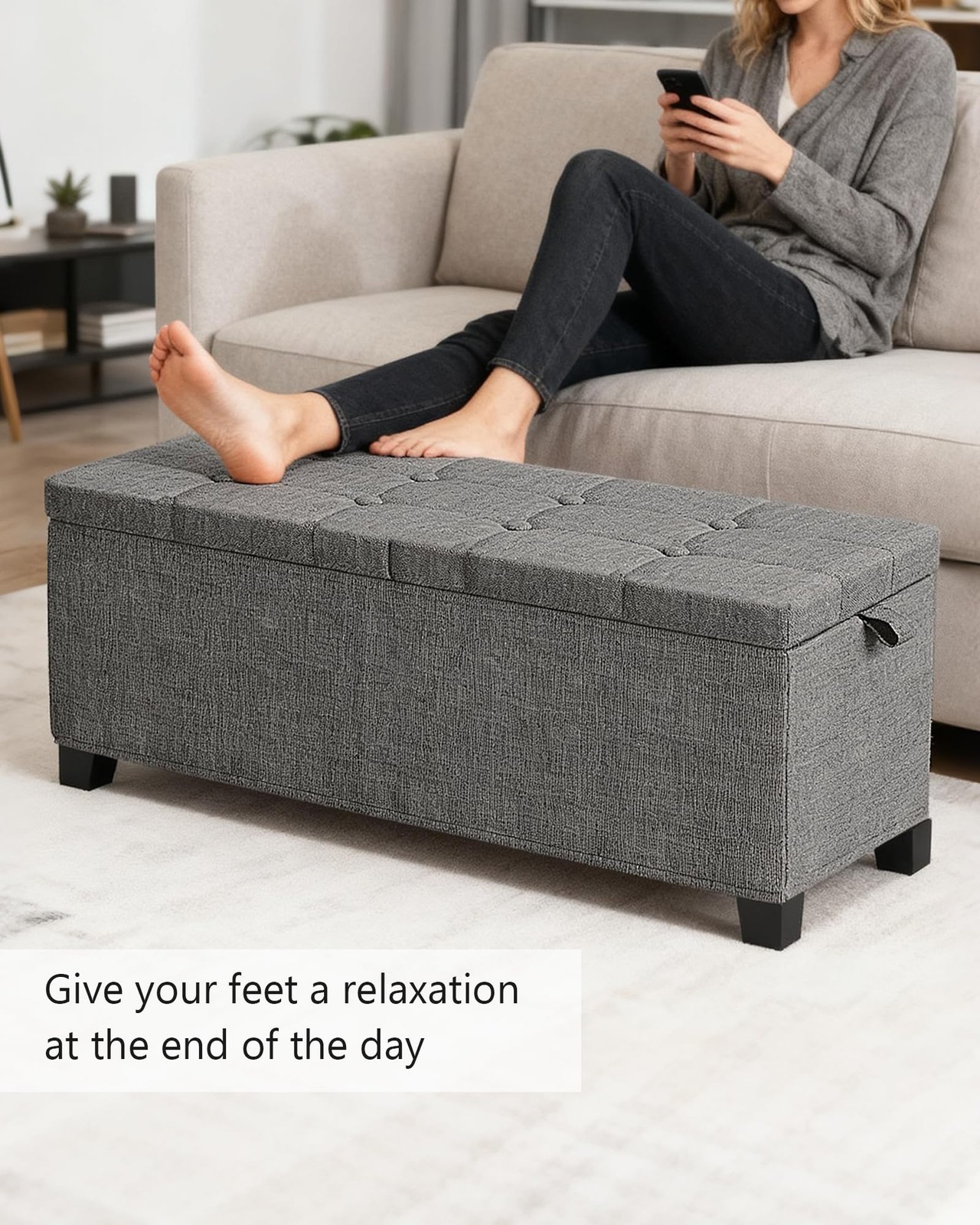 Metal Storage Ottoman Footstool Bench End of Bed Linen Grey 15.7x43x15.7