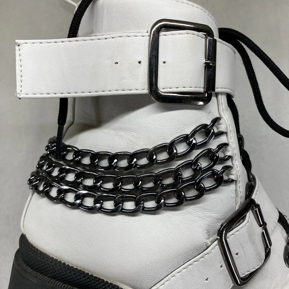 Bota de Combate Mujer Tacón Negro Talla 7.5 Blanco "Cuero" Cadenas Hebillas Punk Foto 4 de 4