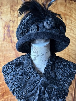   Hut & Kragen im 'Downton'-Stil, schwarz Astrachan, Federn 1900er Edwardian RAR