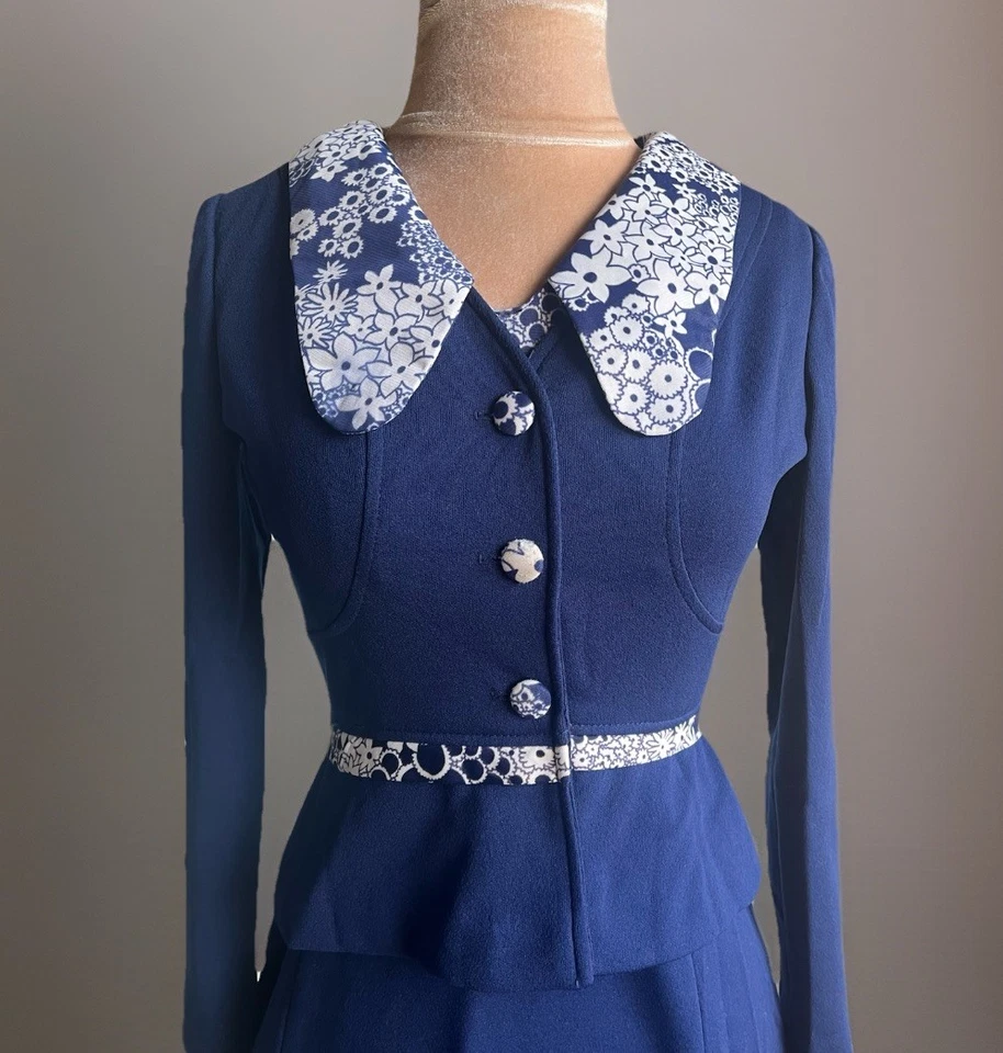 Vintage 60s Mod Floral Navy Dress And Jacket 2 Piece Twee Mod Wes Anderson XS - Image 3 of 4
