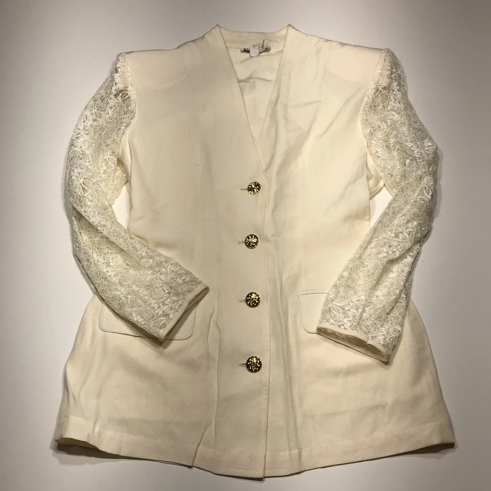 Conjunto Formal Yunes Gamilla Mujer Mediano 2 Piezas Blanco Encaje Forrado Chaqueta y Falda Foto 4 de 4