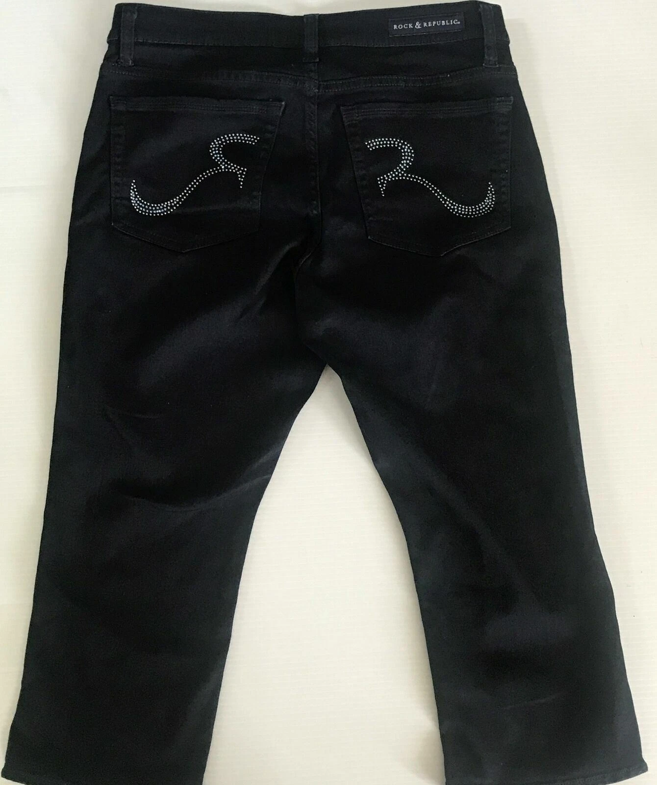 Rock & Republic Blue Stretch Capri Pants Roskilde Dark Wash Rhinestone Logo 12