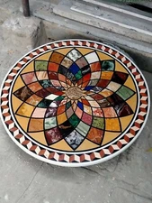 24" Round White Marble Center Sofa Coffee Table Semi Precious Mosaic Arts Decors